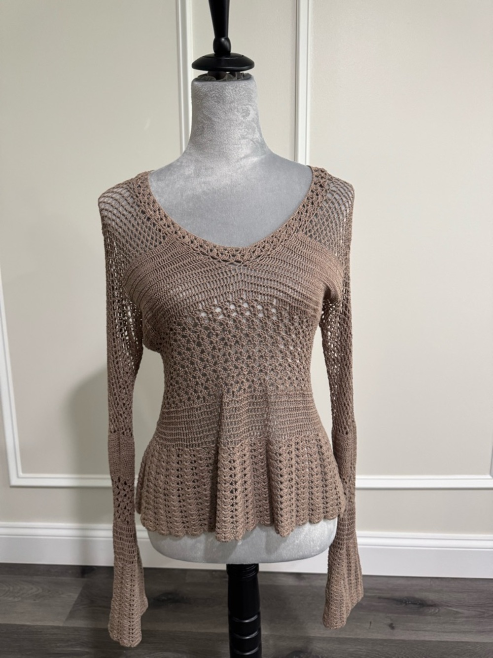 Lightweight Crochet Peplum Sweater in Taupe